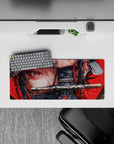28x12 inches anime mouse pad with a red-eyed warrior girl wielding a katana, perfect for fans seeking a powerful workspace.