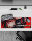 32x12 inches anime mouse pad featuring a red-eyed warrior girl with a katana, perfect for stylish and powerful setups.
