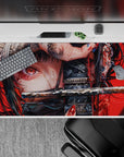 Fierce warrior girl with red eyes and katana anime desk pad, combining emotion and power for a unique 40x20 inches desk setup.