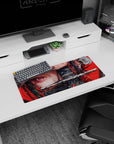 Bold 28x12 inches anime mouse pad showcasing a fierce warrior girl with red eyes and a katana for stylish workspaces.