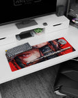 Fierce warrior girl with red eyes and katana anime mouse pad, creating a unique and bold 32x12 inches desk look.