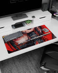 Bold 32x16 inches anime mouse pad showcasing a fierce warrior girl with striking red eyes and a katana for unique desks.