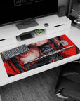 Bold 36x16 inches anime desk pad highlighting a fierce red-eyed warrior girl with a katana for a unique desk aesthetic.