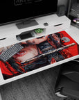 Bold anime desk pad showcasing a red-eyed warrior girl wielding a katana, designed for stylish 40x20 inches workspaces.