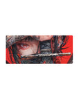 Anime mouse pad featuring a fierce warrior girl with striking red eyes and a katana, adding bold style to 28x12 inches setups.