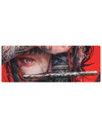 Anime mouse pad with a fierce warrior girl holding a katana, designed for 32x12 inches workspaces with bold character.