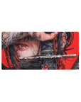 Anime mouse pad featuring a fierce warrior girl with red eyes and a katana, ideal for 32x16 inches workspaces needing bold style.