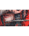 Anime desk pad featuring a fierce warrior girl with striking red eyes and a katana, perfect for fans seeking a bold 40x20 inches workspace upgrade.