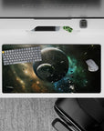 Calm teal and gold on smoky black mouse pad 32x16 inches, cosmic night vibe with smooth tracking.