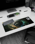 Two cratered planets in deep space mouse pad 32x12 inches with stardust and scattered rocks.
