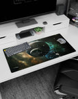 Two cratered planets in a teal nebula on a 32x16 inches mouse pad, with scattered floating asteroids.