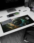 Two cratered planets space scene desk pad 36x16 inches with scattered asteroids over a teal nebula.