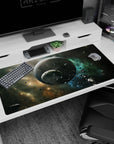 Two cratered planets scene desk pad 40x20 inches with teal nebula clouds and tiny rocks in zero gravity.
