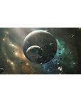 Space nebula desk pad 40x20 inches with cratered planets, floating rocks, and stardust swirl design.