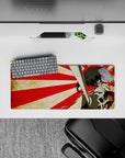 28x12 inches anime mouse pad in red rising-sun tones on gritty parchment, fierce last-stand vibe.