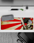 Anime mouse pad 32x12 inches in red and black with gritty last-stand vibe and worn parchment backdrop.