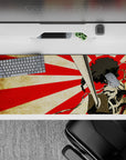 Red rising-sun rays on worn parchment anime desk pad 36x16 inches, gritty fearless last-stand vibe.