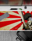 Red rising-sun ray anime desk pad 40x20 inches, gritty parchment look, fearless last-stand vibe.