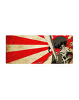 28x12 inches anime mouse pad with lone swordsman, rising sun rays, parchment texture, bold linework.