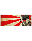 Anime mouse pad 32x12 inches with lone swordsman, rising-sun rays, parchment texture, bold line art.