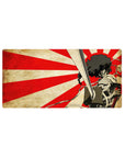 32x16 inches anime mouse pad with lone swordsman, rising-sun rays, parchment texture, bold linework.