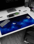 Half-lit moon scene desk pad 40x20 inches surrounded by swirling sapphire clouds and tiny glitter-like stars.