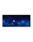 Midnight galaxy desk mouse pad 28x12 inches with sapphire clouds, scattered stars, and a soft moon.