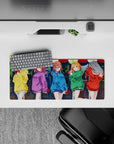 28x12 inches anime girl mouse pad in bright yellow, purple, blue, green, red hoodies with warm shy vibe.