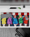 32x16 inches anime desk mat in yellow, purple, blue, green, and red hoodies for a warm, playful vibe.