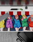 40x20 inches colorful anime desk pad in yellow, purple, blue, green, and red hoodies; warm cute vibe.