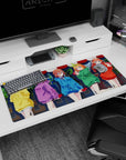 Anime desk pad 36x16 inches showing five bright girls hugging red hearts, playful lettering on hoodies.