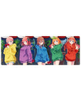 32x12 inches anime girl mouse pad with five girls in hoodies holding red heart gifts, night festival vibe.