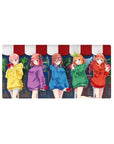 32x16 inches anime girl mouse pad with five hoodie girls in a lineup, each holding a red heart gift at night.