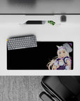 28x12 inches anime girl mouse pad in black, violet and white with platinum hair, cute cozy pastel vibe.