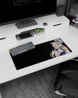 28x12 inches anime girl mouse pad showing a playful catgirl with blue and gold eyes, lavender bow, maid dress.