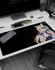 Playful catgirl maid with lavender bow, blue and gold eyes, heart buttons, on desk pad 40x20 inches.