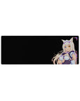 Anime girl mouse pad 32x12 inches with catgirl maid outfit, heterochromia eyes, black backdrop, florals.