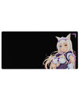 32x16 inches anime girl mouse pad with catgirl maid, platinum hair, heterochromia, black backdrop, florals.