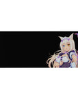 Anime catgirl maid desk pad 36x16 inches with heterochromia, platinum hair, violet ruffles, black background.