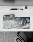 28x12 inches anime girl mouse pad in cold white and misty grey tones, vivid red ribbon accent, calm gritty mood.