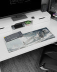 32x12 inches mouse pad showing a lone anime soldier girl with rifle by a crashed mech, dust sparkling at her boots.