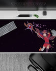 Megumin Konosuba anime mouse pad 40x20 inches, featuring her mid-air pose with staff and plum stars on a dynamic background.