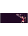 Megumin from Konosuba in mid-air with staff on a 32x12 inch anime mouse pad, deep plum stars and energy spark.