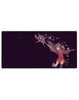 Megumin mid-air with staff on Konosuba anime mouse pad, 32x16 inches, plum stars and energy sparks over dark background.