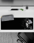 Dark smoky black 32x12 inches anime mouse pad with one glowing red eye, moody gothic vibe.