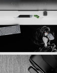 Dark smoky black anime desk pad 36x16 inches with a single glowing red eye and classy gothic vibe.