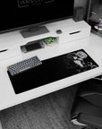 Shushing goth anime girl on a 32x12 inches mouse pad, finger to lips, ruffled dress on black.