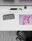14x10 inches mouse pad featuring anime design, with violet-pink glow and smirk for a playful, striking desk effect.