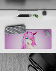 28x12 inches mouse pad with anime design, showcasing violet-pink glow and smirk for a rebellious, striking aesthetic.
