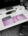 Artistic 32x12 inches mouse pad featuring anime design, with violet-pink glow and smirk for a striking and fun desk piece.